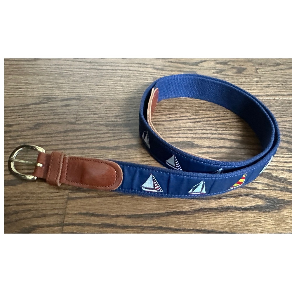 Preston Sailboat Ribbon Belt Mens 44 Navy Blue Preppy Coastal Nautical Leather